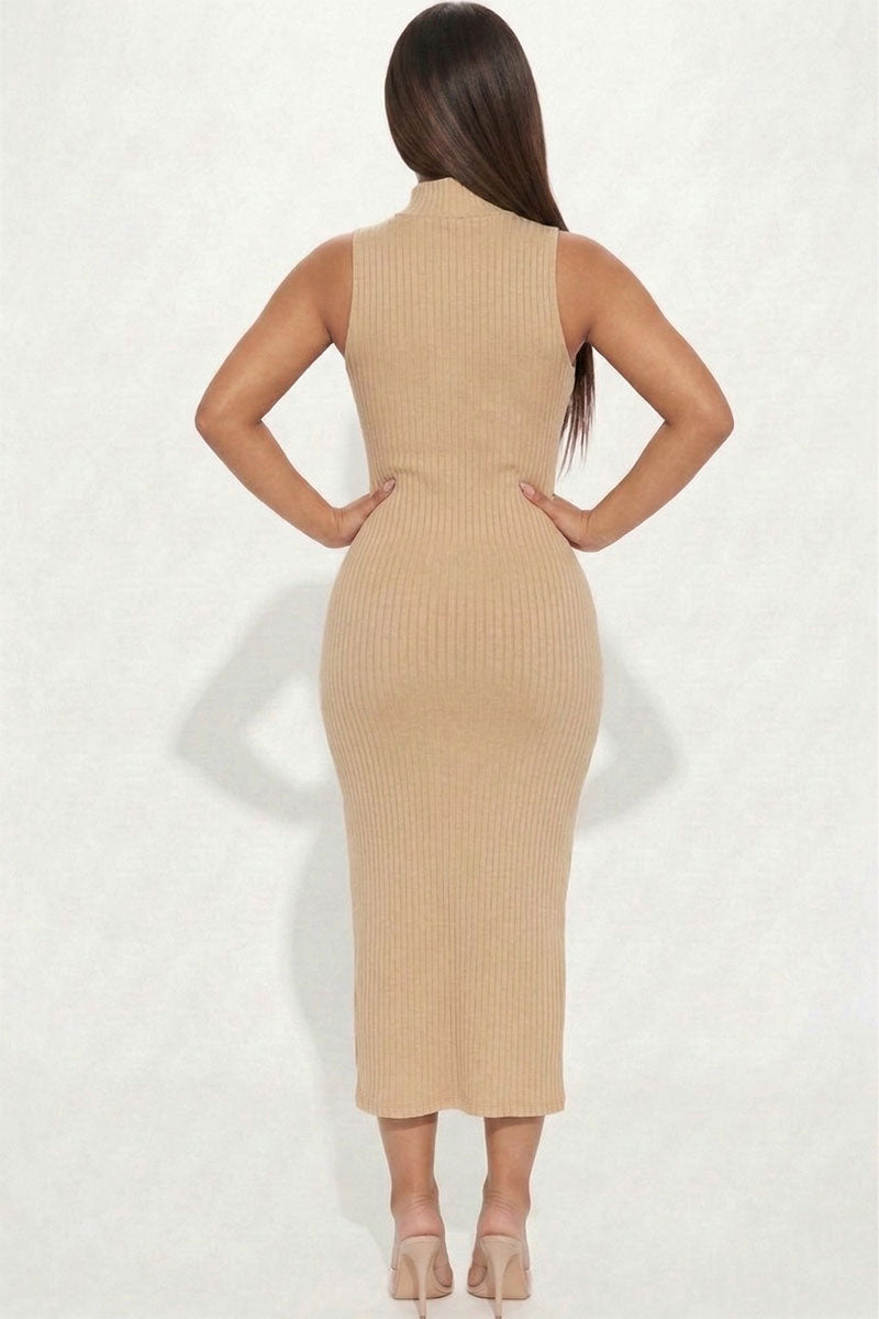 Ribbed Mock Neck Side Slit Sleeveless Bodycon Maxi Dress