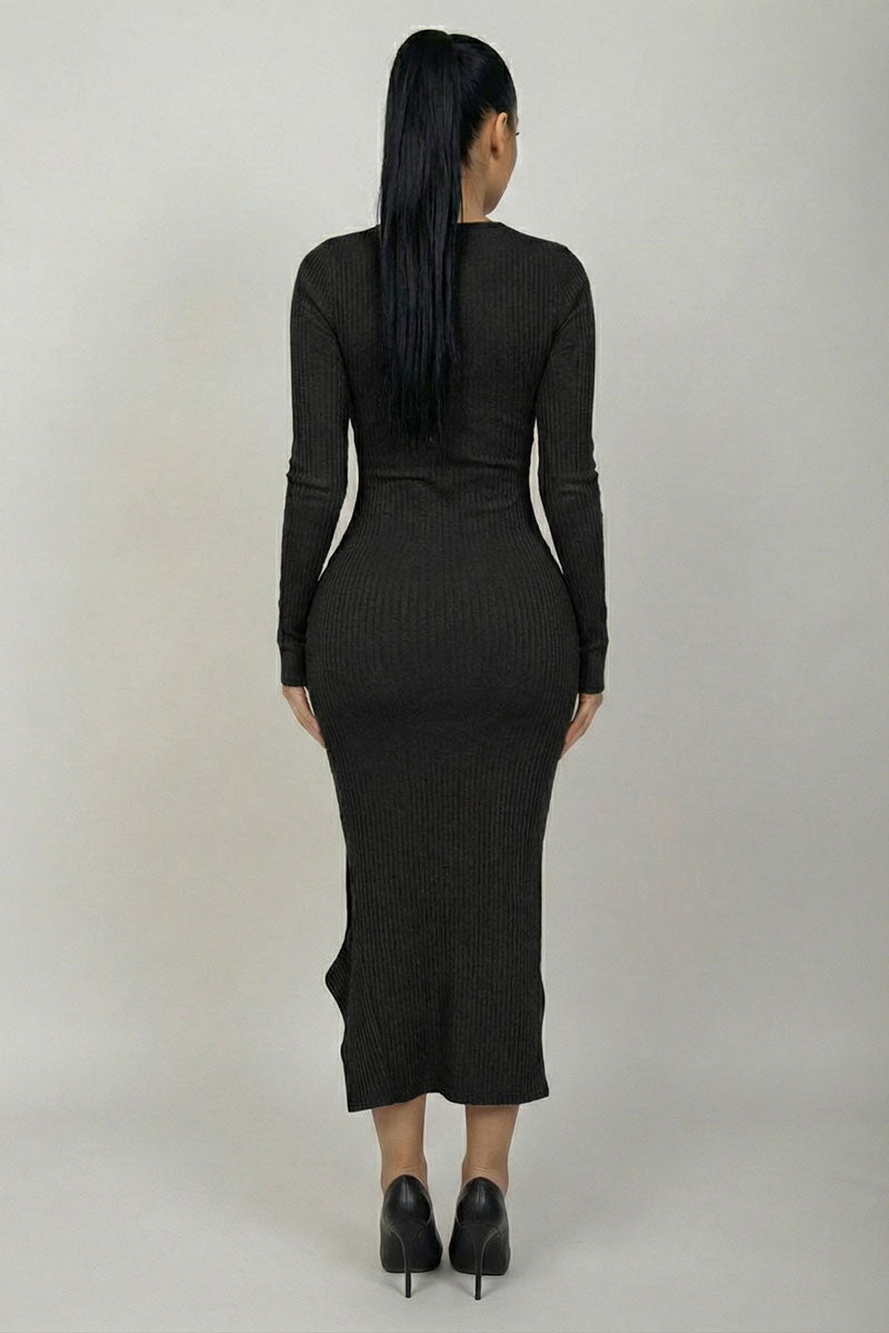 Brushed Ribbed Long Sleeve Asymmetrical Midi Dress