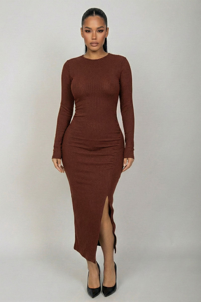 Brushed Ribbed Long Sleeve Asymmetrical Midi Dress – Wholesale