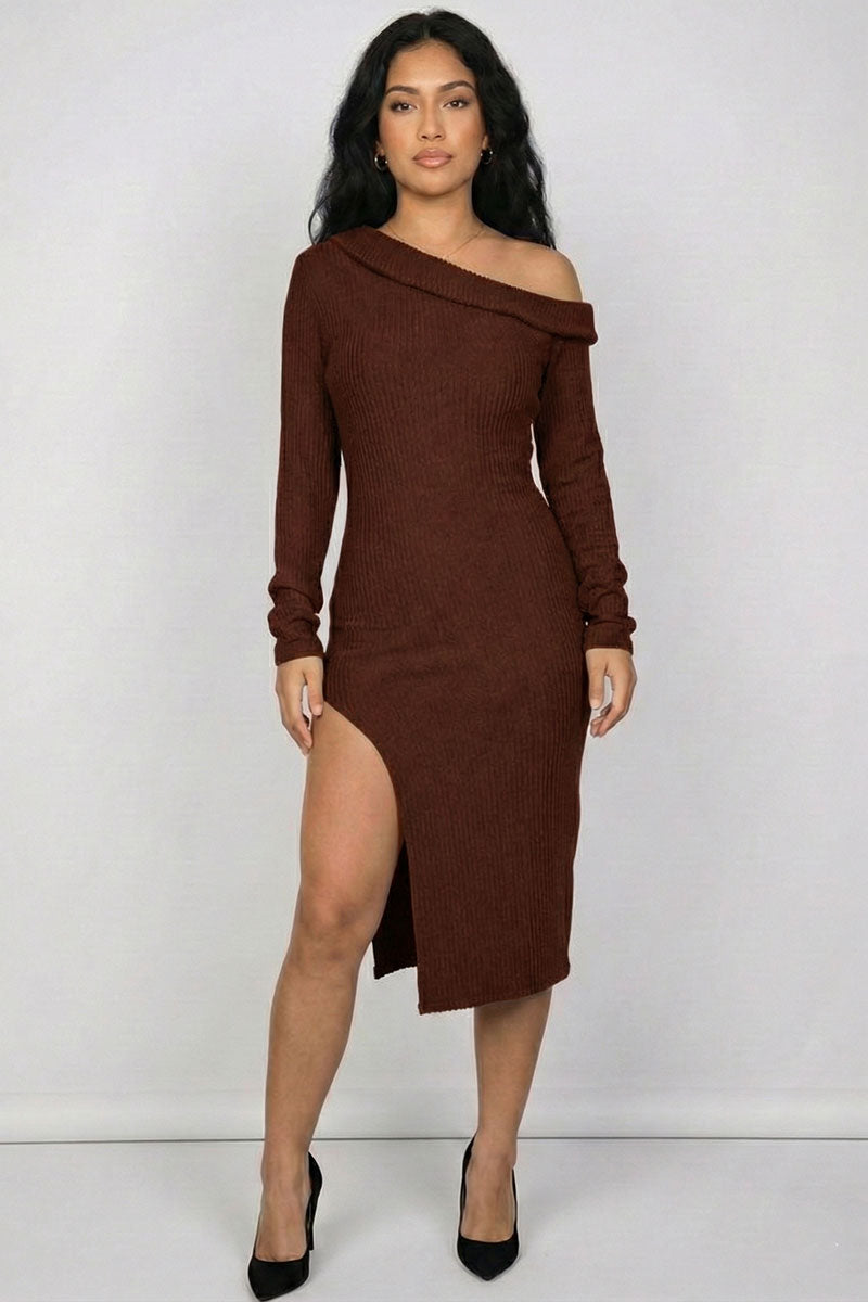 Luxe Ribbed Off-Shoulder Slit Midi Dress – Wholesale Capella Apparel