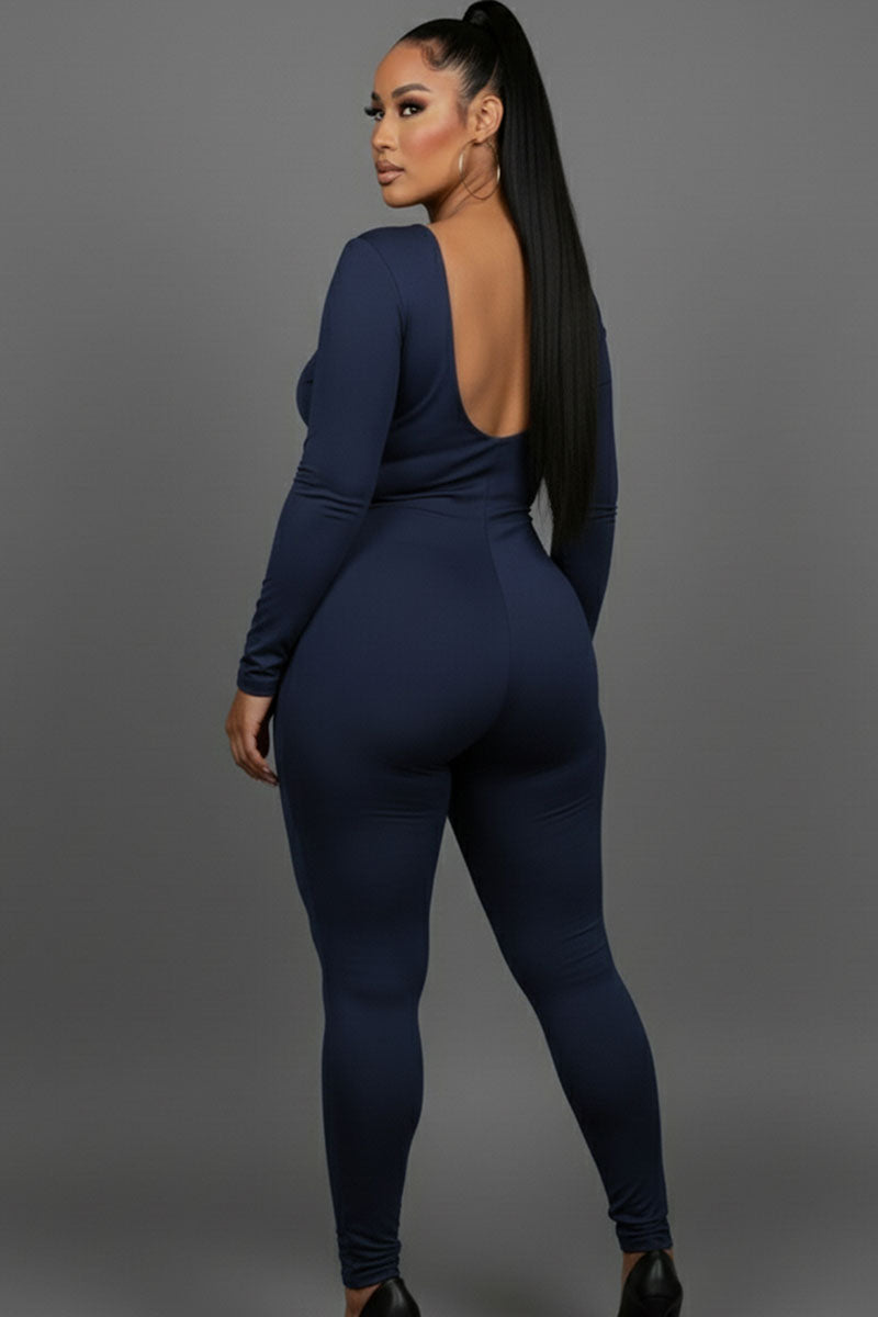 Plus Size Scoop Neck Long Sleeve Bodycon Jumpsuit