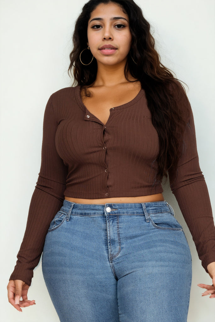 Plus Size Ribbed Long Sleeve Snap Button Down Crop Top - Capella Apparel Wholesale