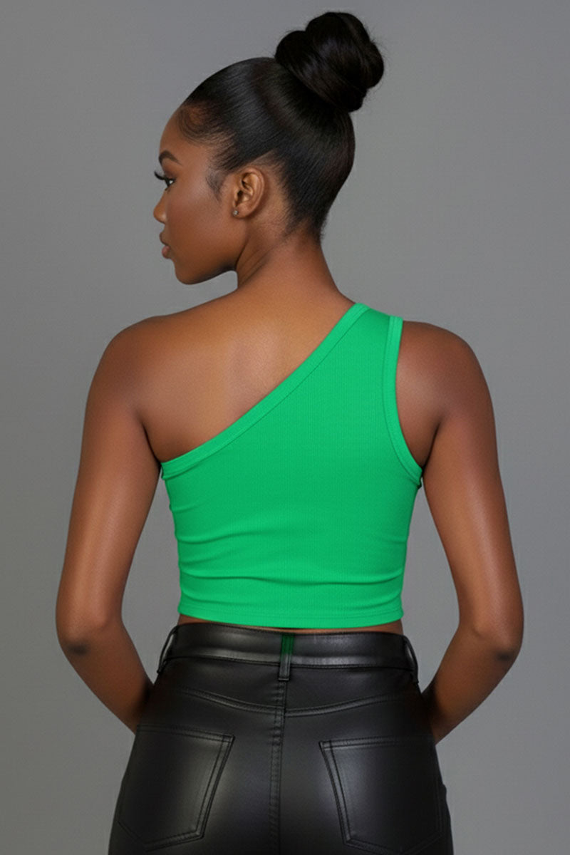 Top corto de un hombro con corte de punto acanalado