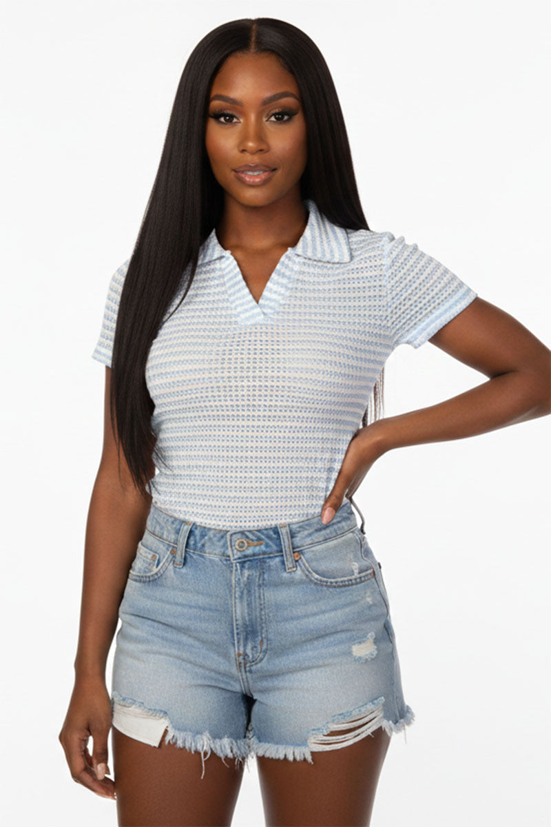 Women's Pineapple Knit Striped Polo Crop Top – Wholesale Capella