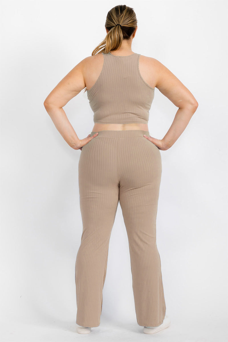 Plus Ribbed Cropped Top and Bootcut Pants Sets