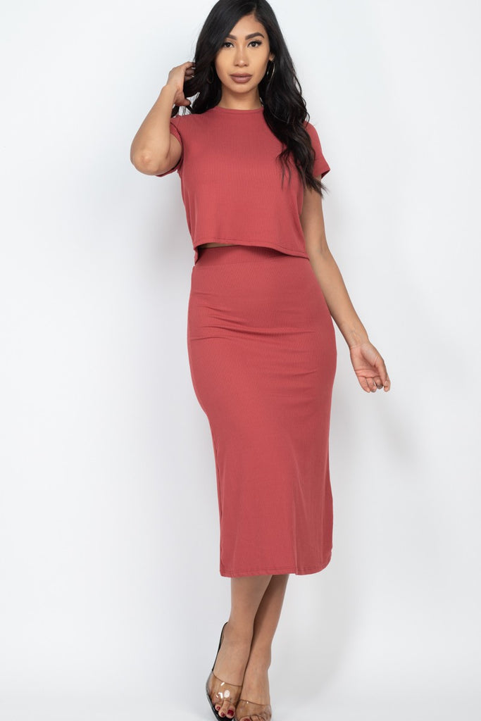 Short Sleeve Ribbed Top & Midi Skirt Set - Capella Apparel Wholesale