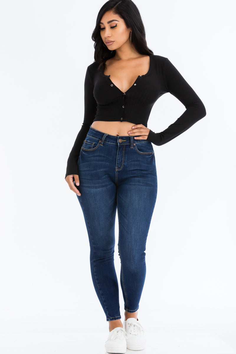 Ribbed Long Sleeve Snap Button Down Crop Top (CAPELLA) - Capella Apparel