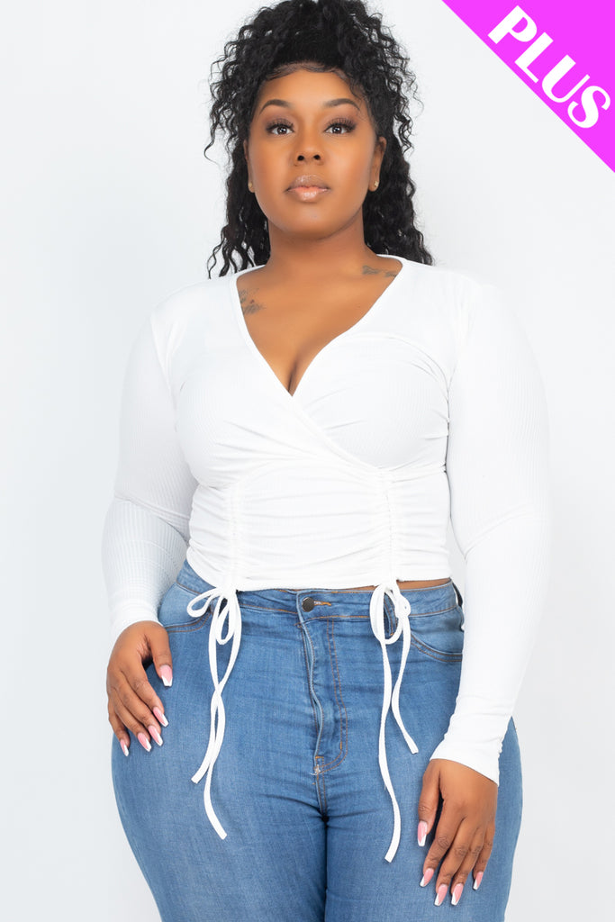 Plus Size Ribbed Drawstring Long Sleeve Crop Top - Capella Apparel Wholesale