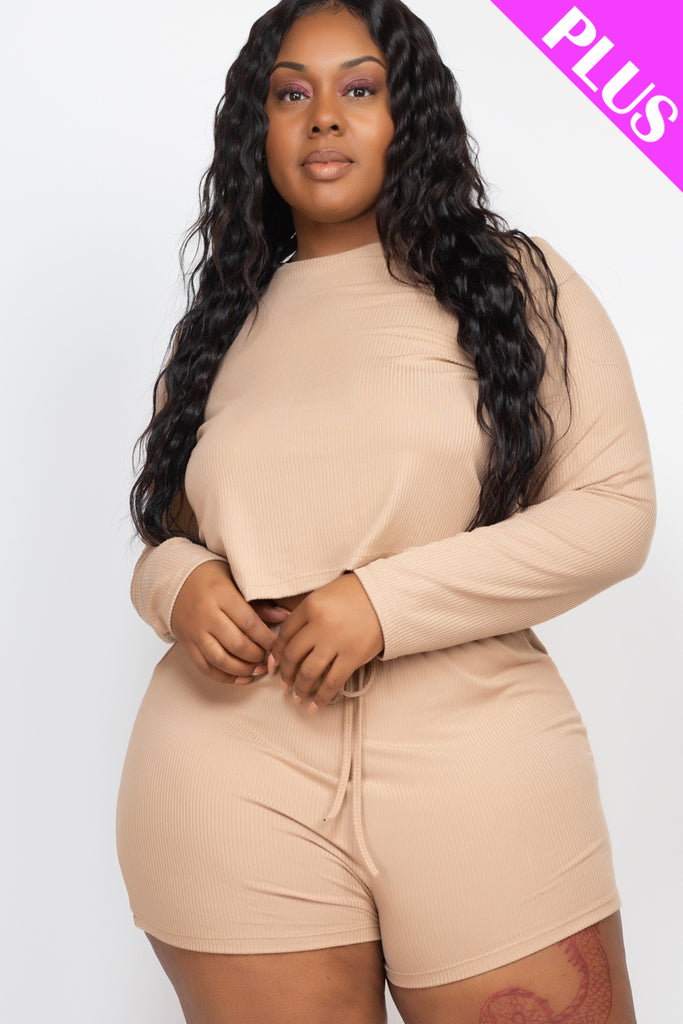 Plus Size Ribbed Loose Fit Long Sleeve Top & Short Set - Capella Apparel Wholesale