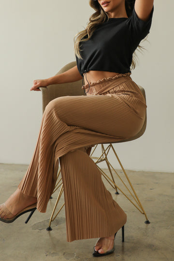 Pleated Stretch Crepe Pull-On Wide Leg Tie Front Pants - Capella Apparel