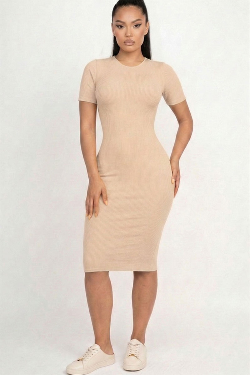 ribbed bodycon dress midi Taupe Bodycon Dress - Bodycon Midi Dress - Sleeveless Bodycon