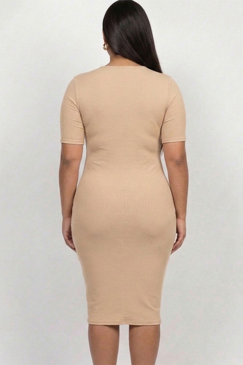 Plus Size Short Sleeved Ribbed Bodycon Midi Dress