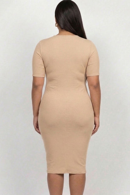 Plus Size Short Sleeved Ribbed Bodycon Midi Dress