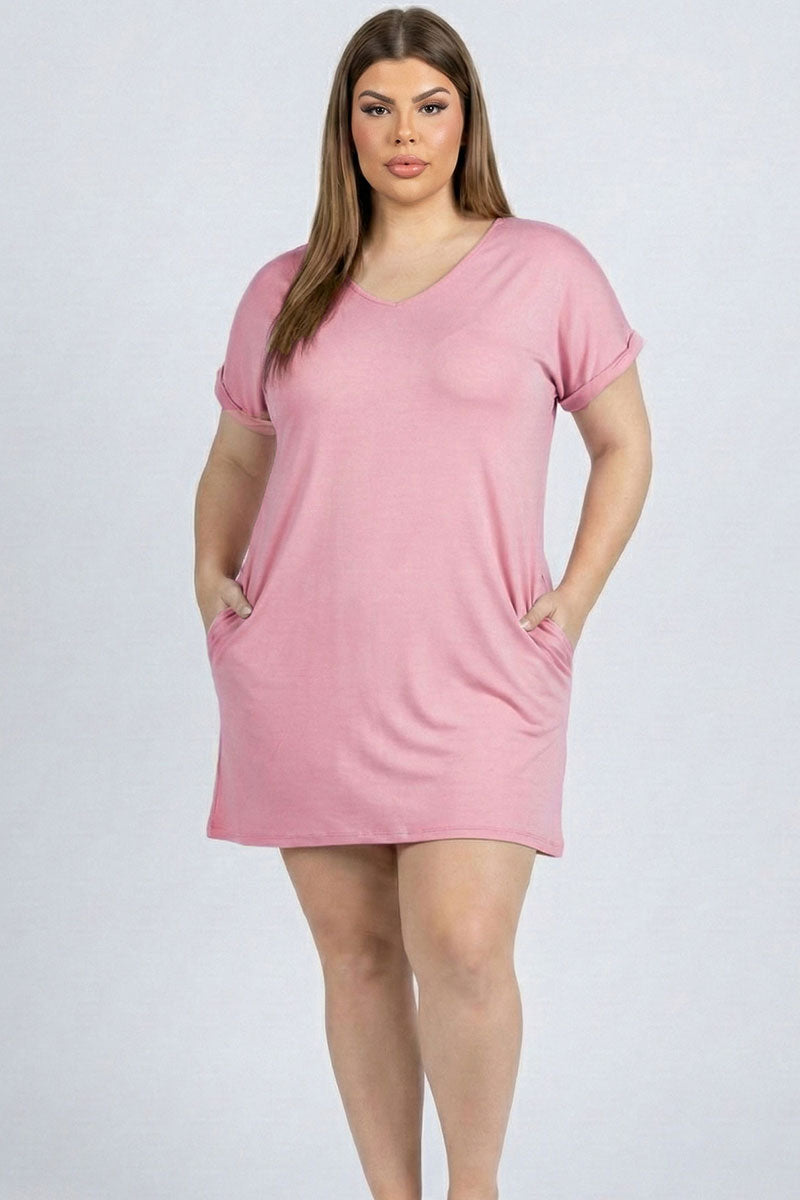 Plus Size Cap Sleeve Pocket Mini Dress