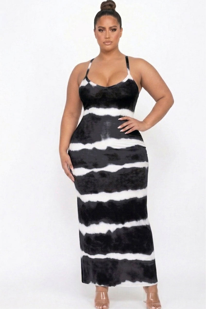 Plus Size Stripe Tie-Dye Printed Maxi Dress
