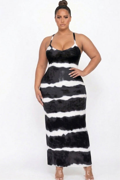 Plus Size Stripe Tie-Dye Printed Maxi Dress