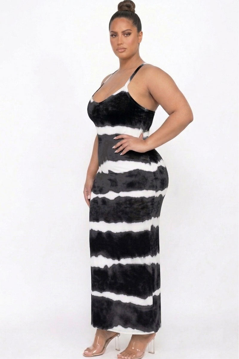 Plus Size Stripe Tie-Dye Printed Maxi Dress