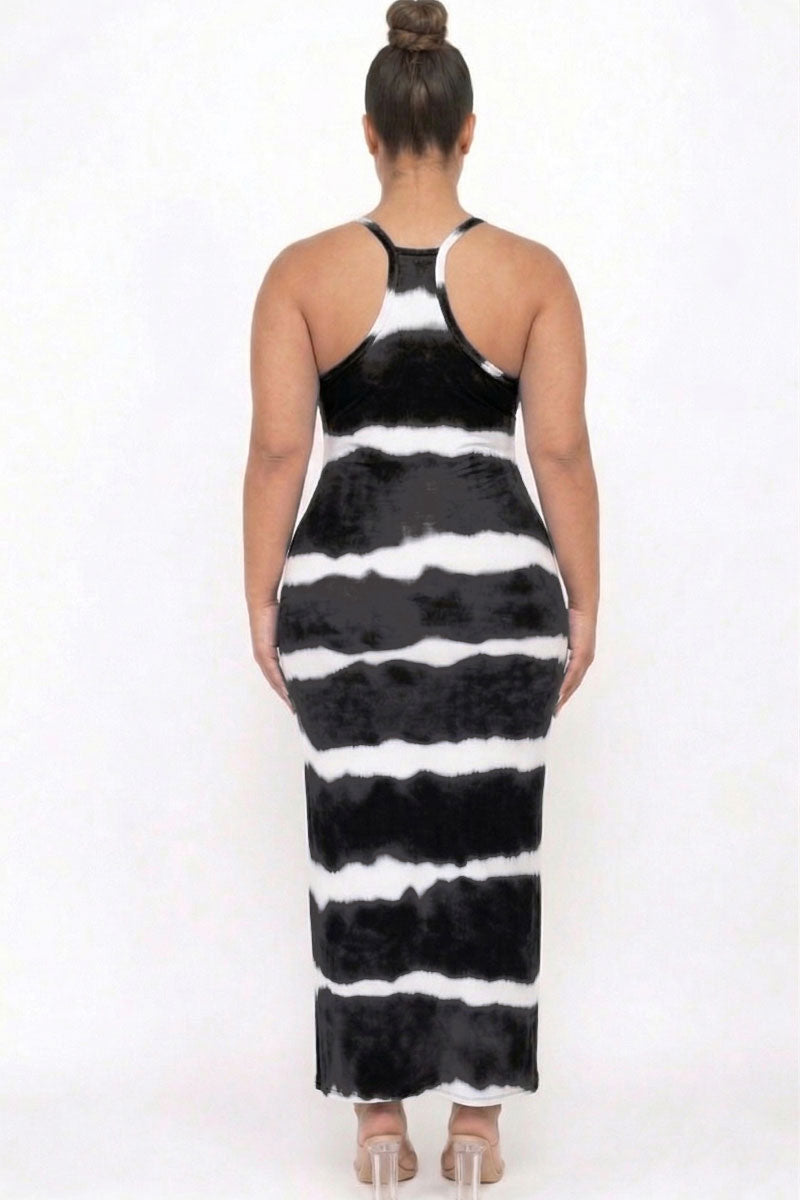 Plus Size Stripe Tie-Dye Printed Maxi Dress