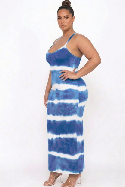 Plus Size Stripe Tie-Dye Printed Maxi Dress