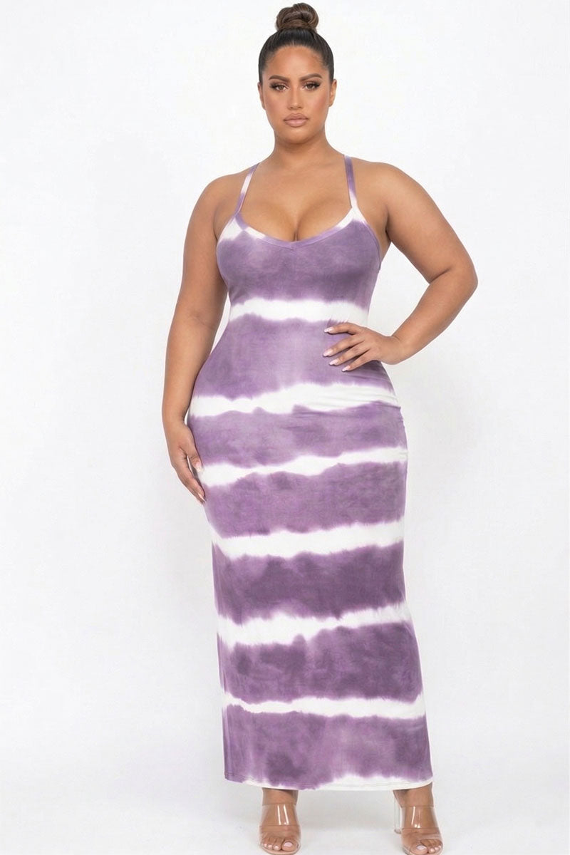 Plus Size Stripe Tie-Dye Printed Maxi Dress