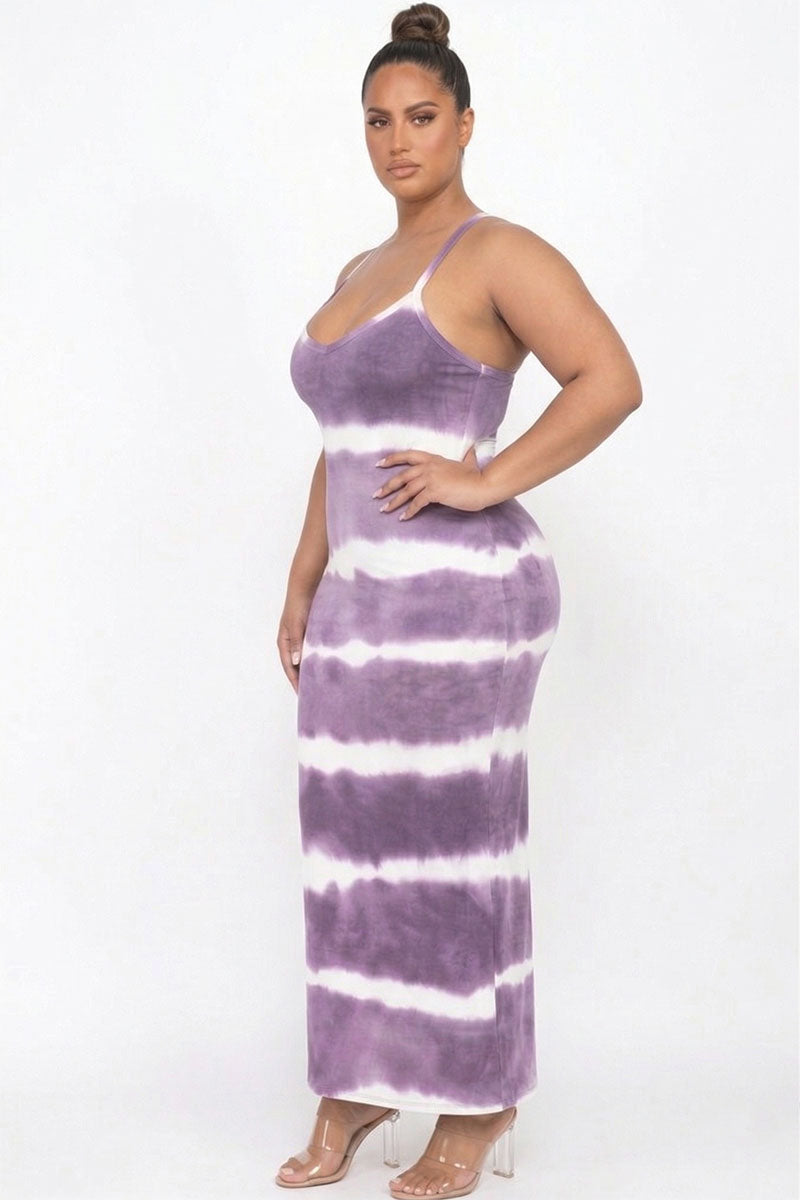 Plus Size Stripe Tie-Dye Printed Maxi Dress