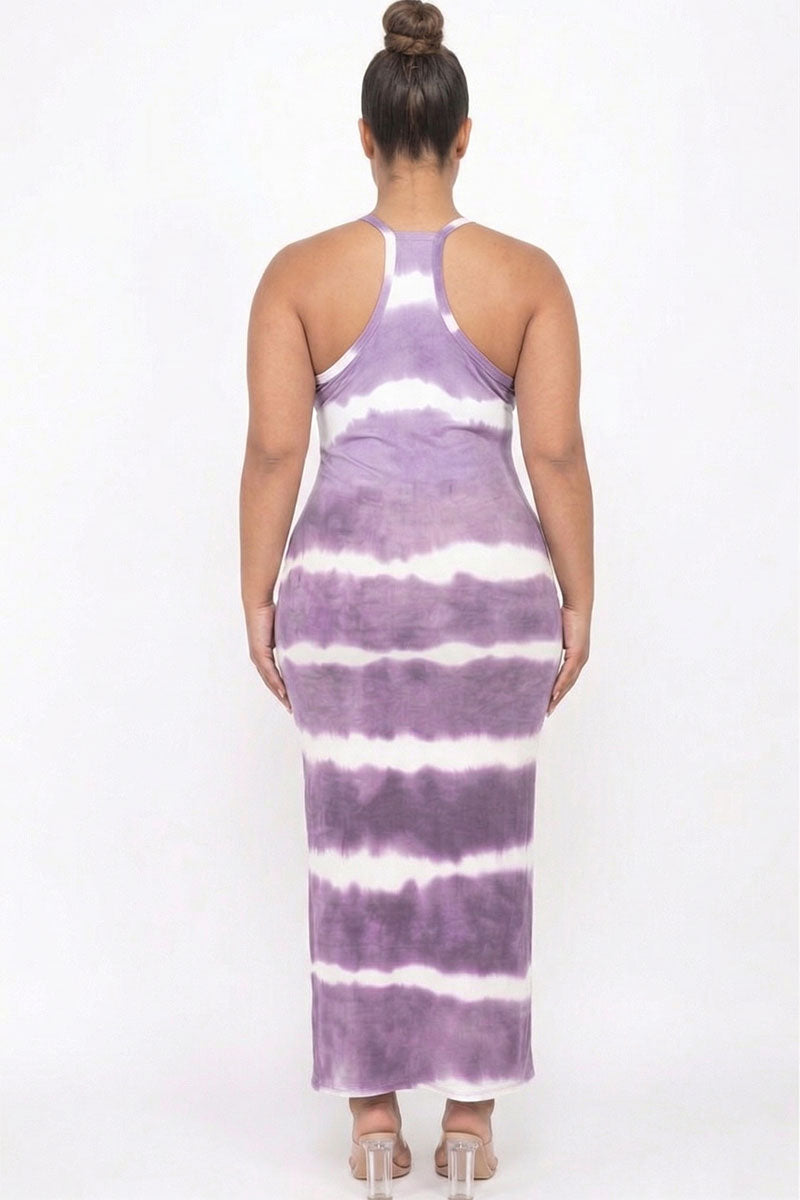 Plus Size Stripe Tie-Dye Printed Maxi Dress