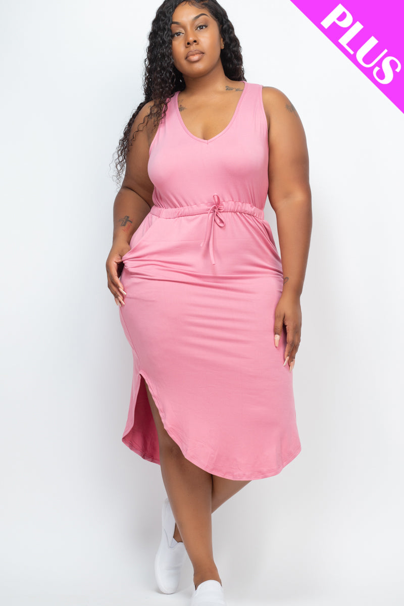 PLUS SIZE DRAWSTRING SLEEVELESS MIDI DRESS (CAPELLA) - Capella Apparel