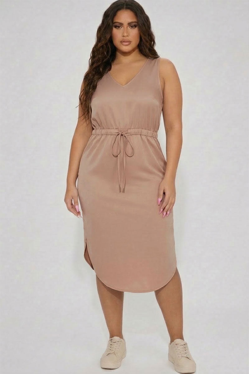 Plus Size Drawstring Sleeveless Midi Dress
