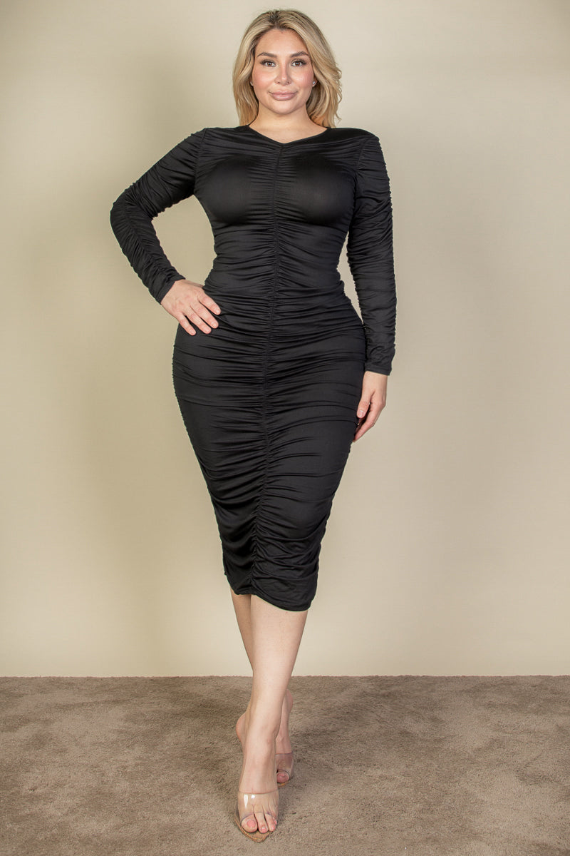 Plus Size Ruched Long Sleeve Midi Dress - Capella Apparel