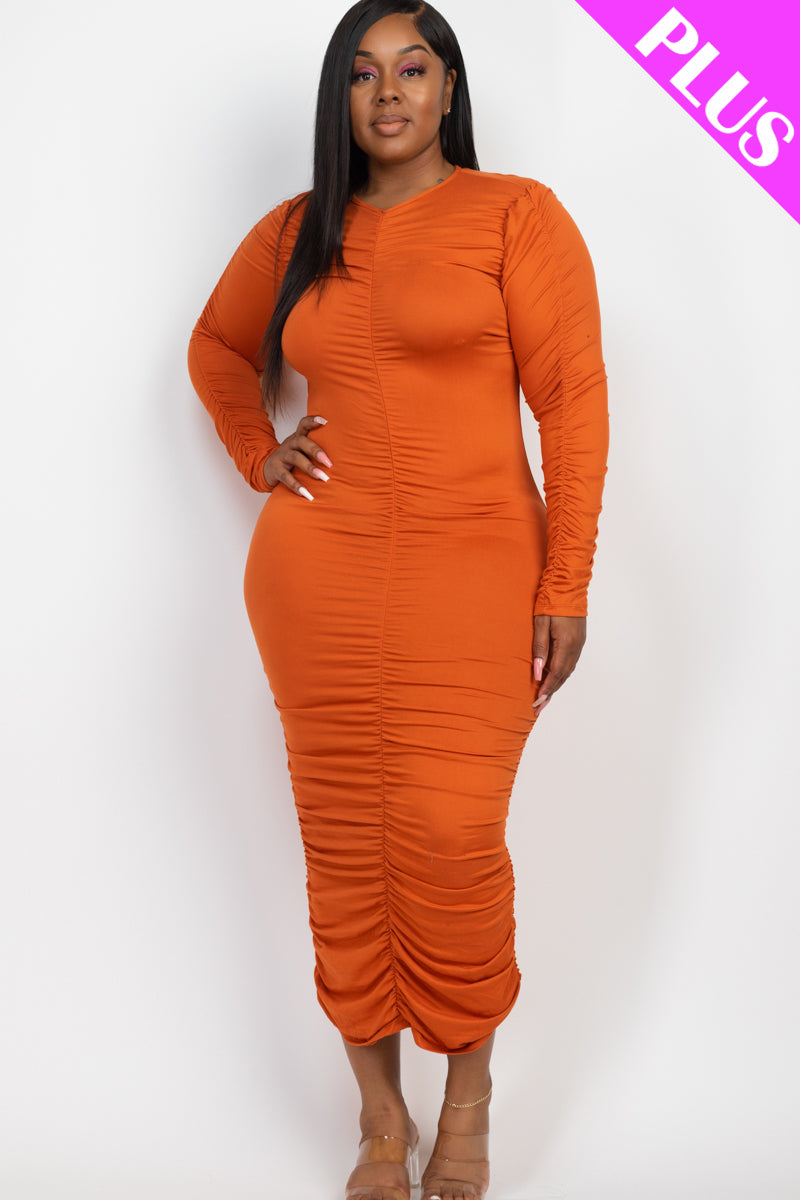 Plus Size Ruched Long Sleeve Midi Dress - Capella Apparel