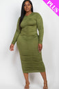 Plus Size Ruched Long Sleeve Midi Dress - Capella Apparel