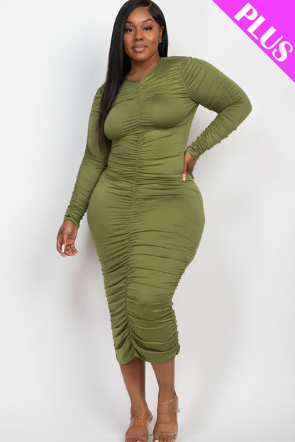 Plus Size Ruched Long Sleeve Midi Dress - Capella Apparel