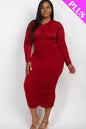 Plus Size Ruched Long Sleeve Midi Dress - Capella Apparel