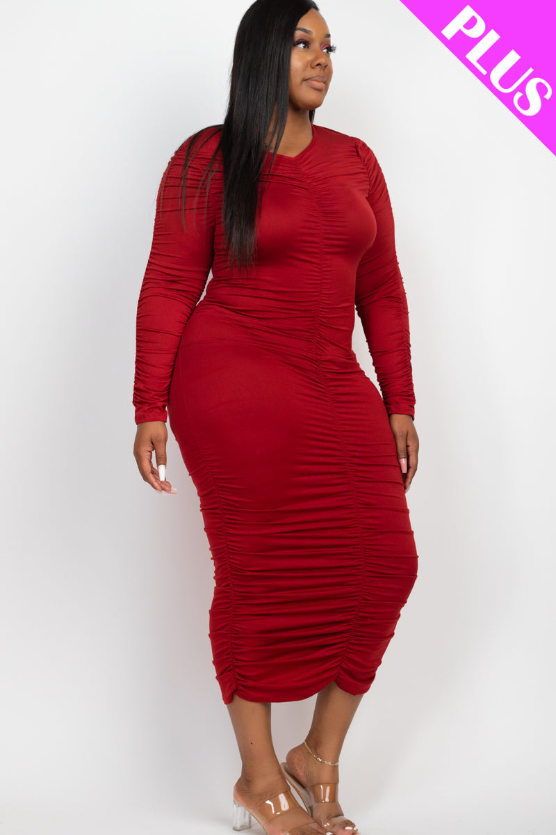 Plus Size Ruched Long Sleeve Midi Dress - Capella Apparel