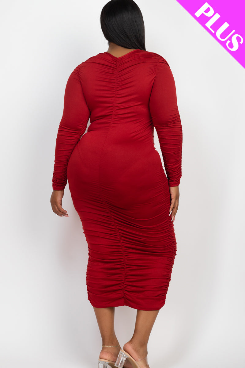 Plus Size Ruched Long Sleeve Midi Dress - Capella Apparel