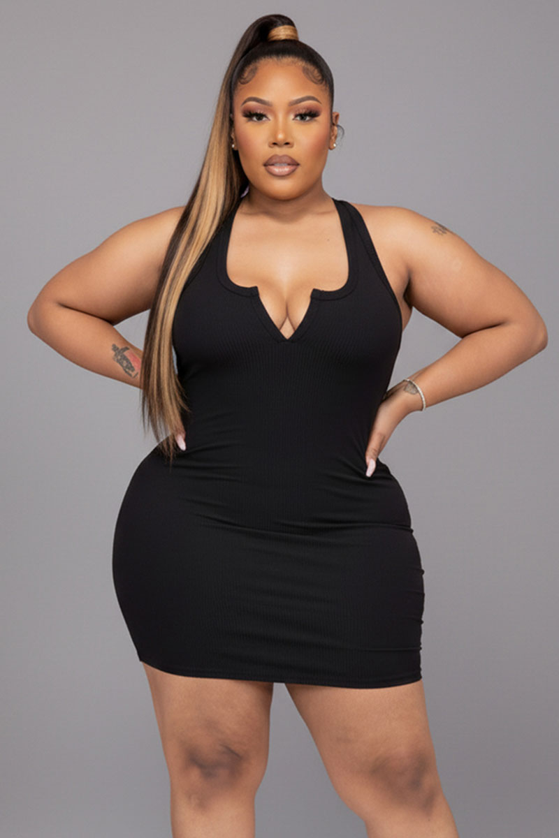 Plus Size Ribbed Split Neck Tank Mini Dress