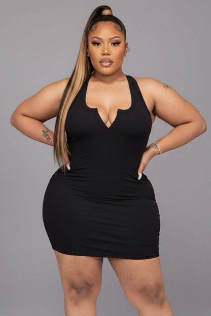 Plus Size Ribbed Split Neck Tank Mini Dress
