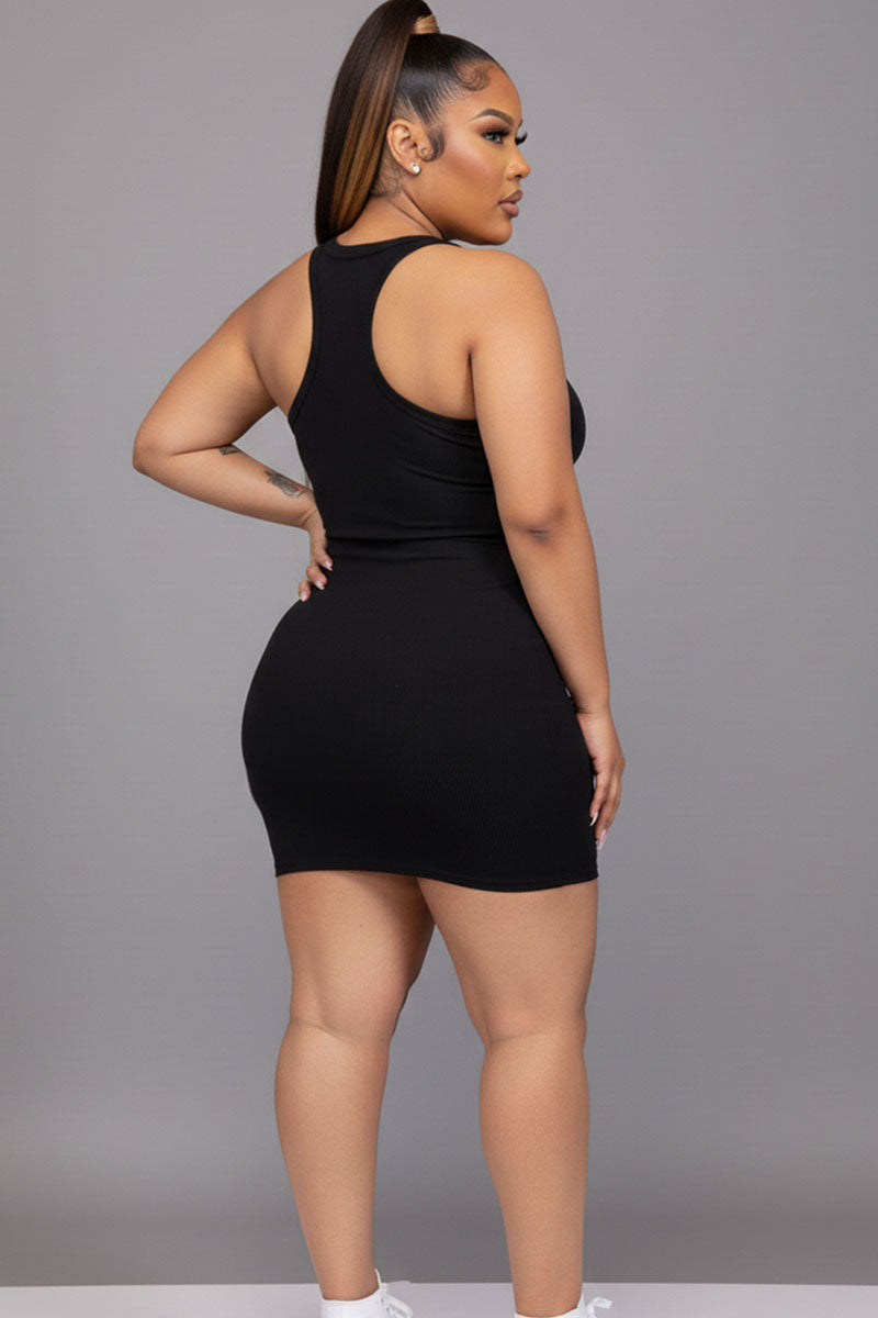 Plus Size Ribbed Split Neck Tank Mini Dress