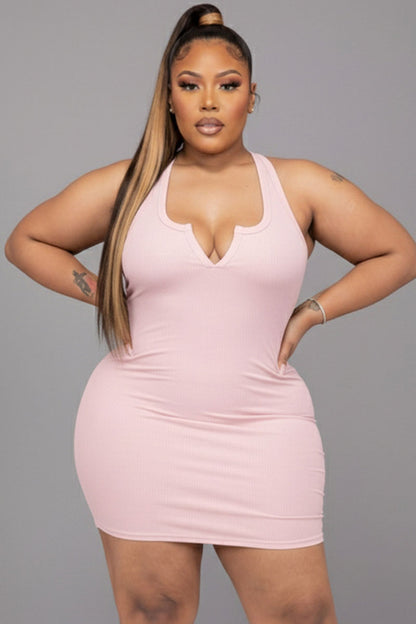 Plus Size Ribbed Split Neck Tank Mini Dress