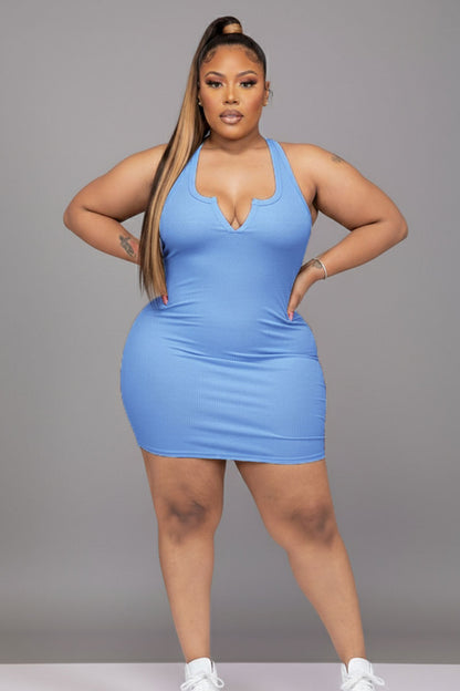 Plus Size Ribbed Split Neck Tank Mini Dress