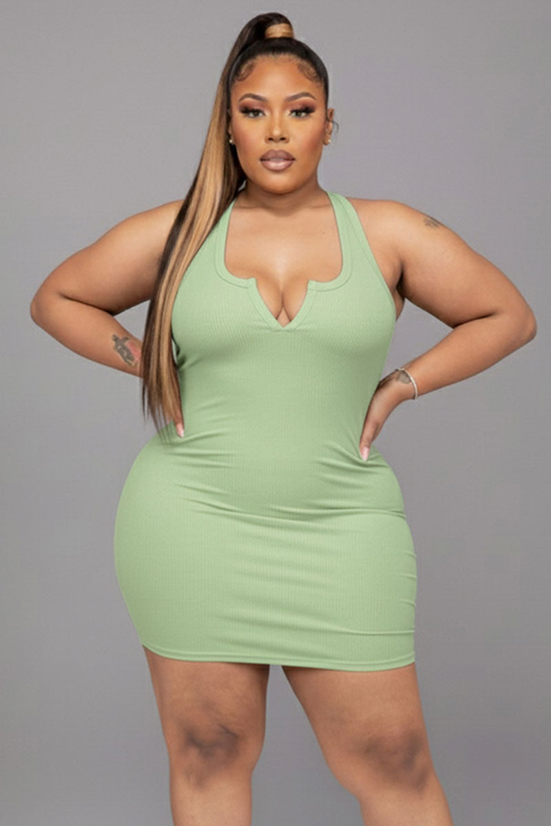 Plus Size Ribbed Split Neck Tank Mini Dress