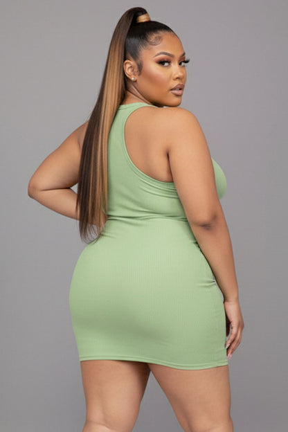 Plus Size Ribbed Split Neck Tank Mini Dress