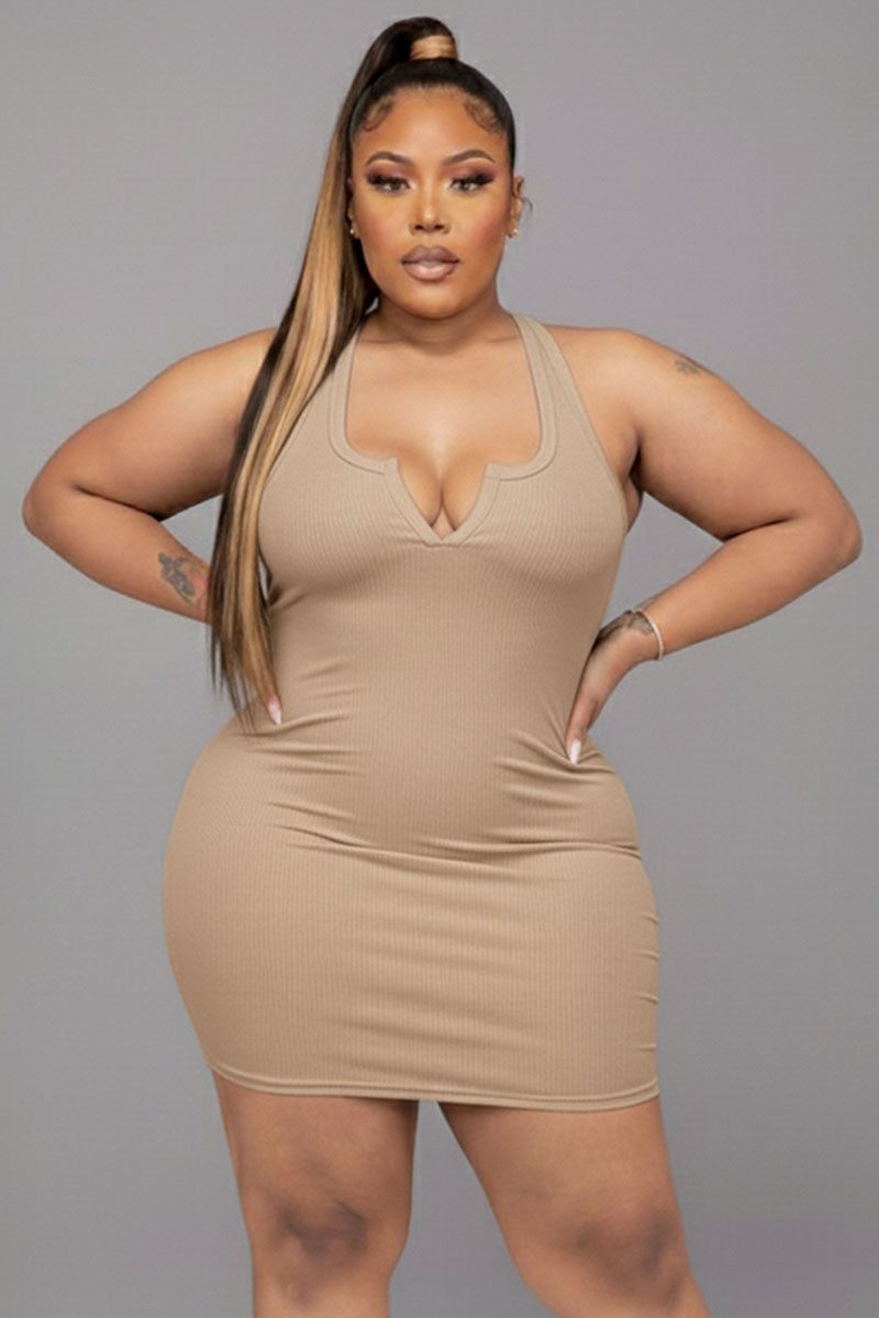 Plus Size Ribbed Split Neck Tank Mini Dress