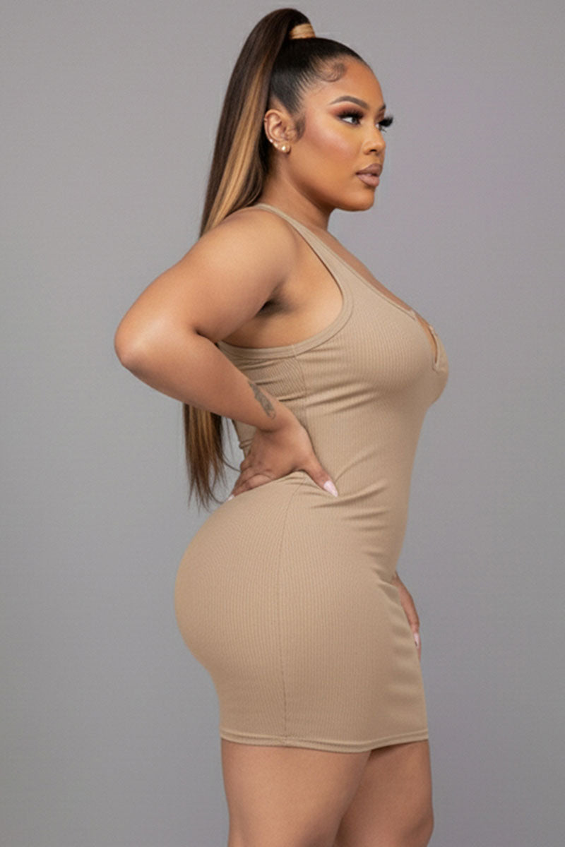 Plus Size Ribbed Split Neck Tank Mini Dress