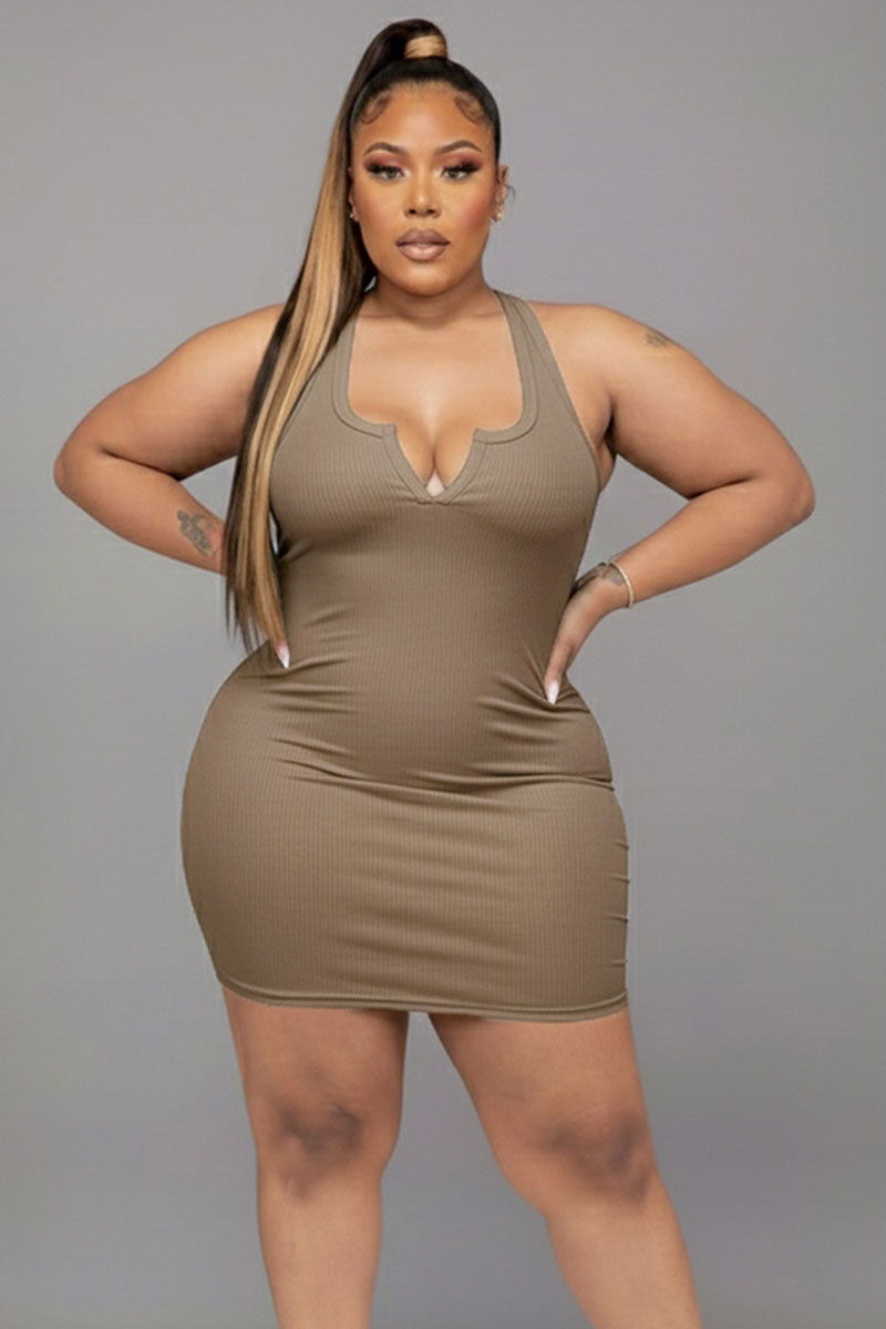 Plus Size Ribbed Split Neck Tank Mini Dress