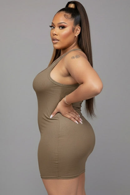 Plus Size Ribbed Split Neck Tank Mini Dress