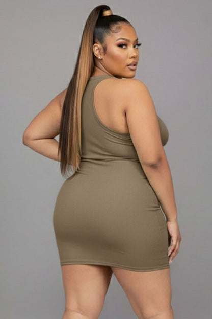 Plus Size Ribbed Split Neck Tank Mini Dress