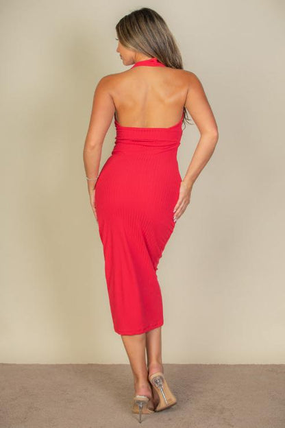 Ribbed Halter Neck Bodycon Midi Dress - Capella Apparel