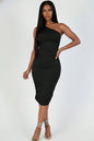 Sexy Solid Color Ruched One Shoulder Midi Bodycon Dress