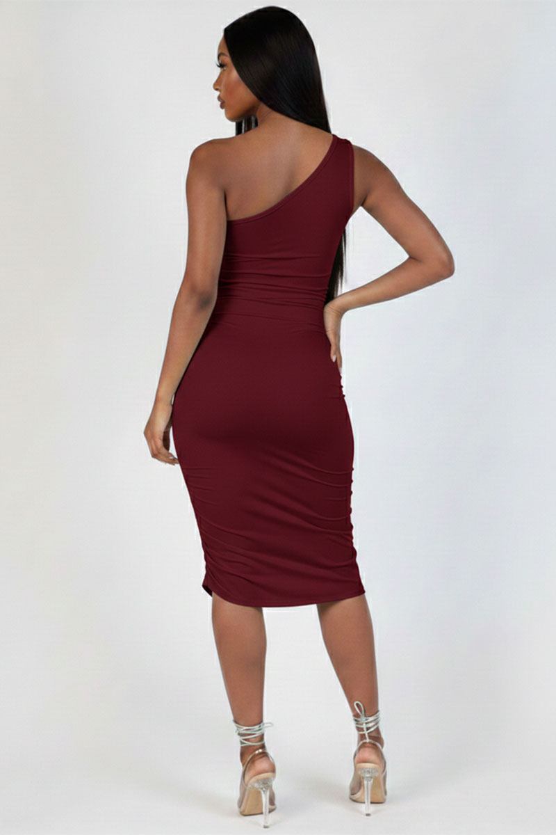 Sexy Solid Color Ruched One Shoulder Midi Bodycon Dress